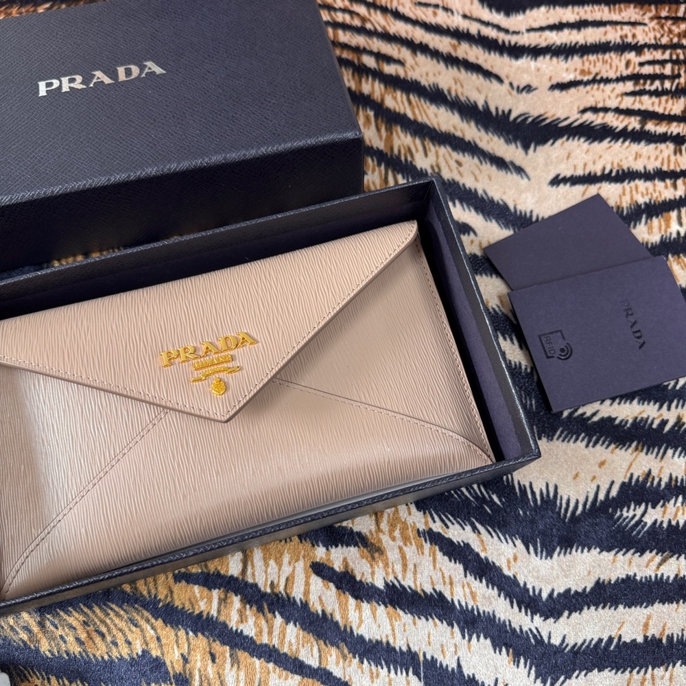Prada Saffiano Envelope Clutch Wallet in Beige – With Box & COA